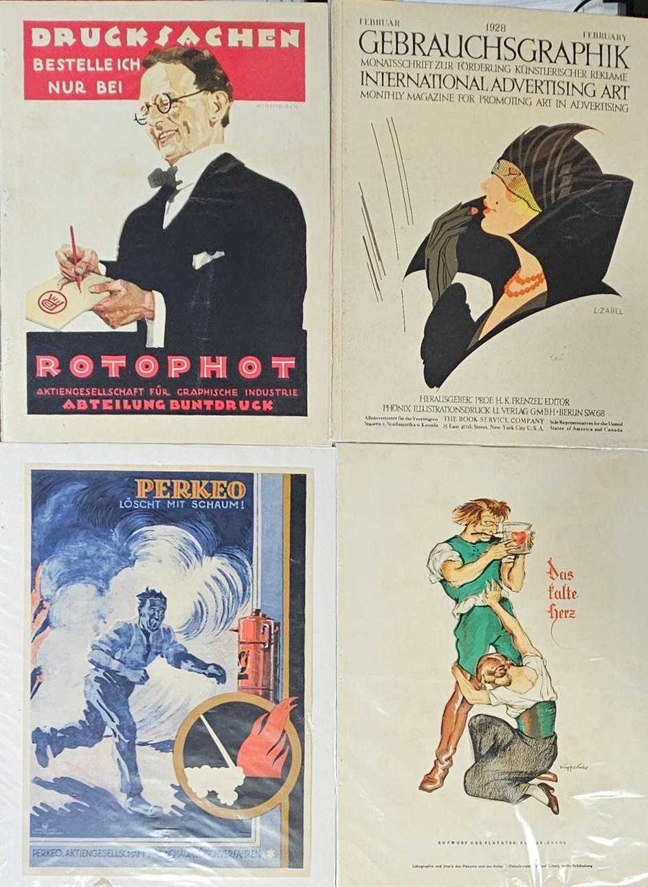 Fyra tyska litografiska reklamskyltar.