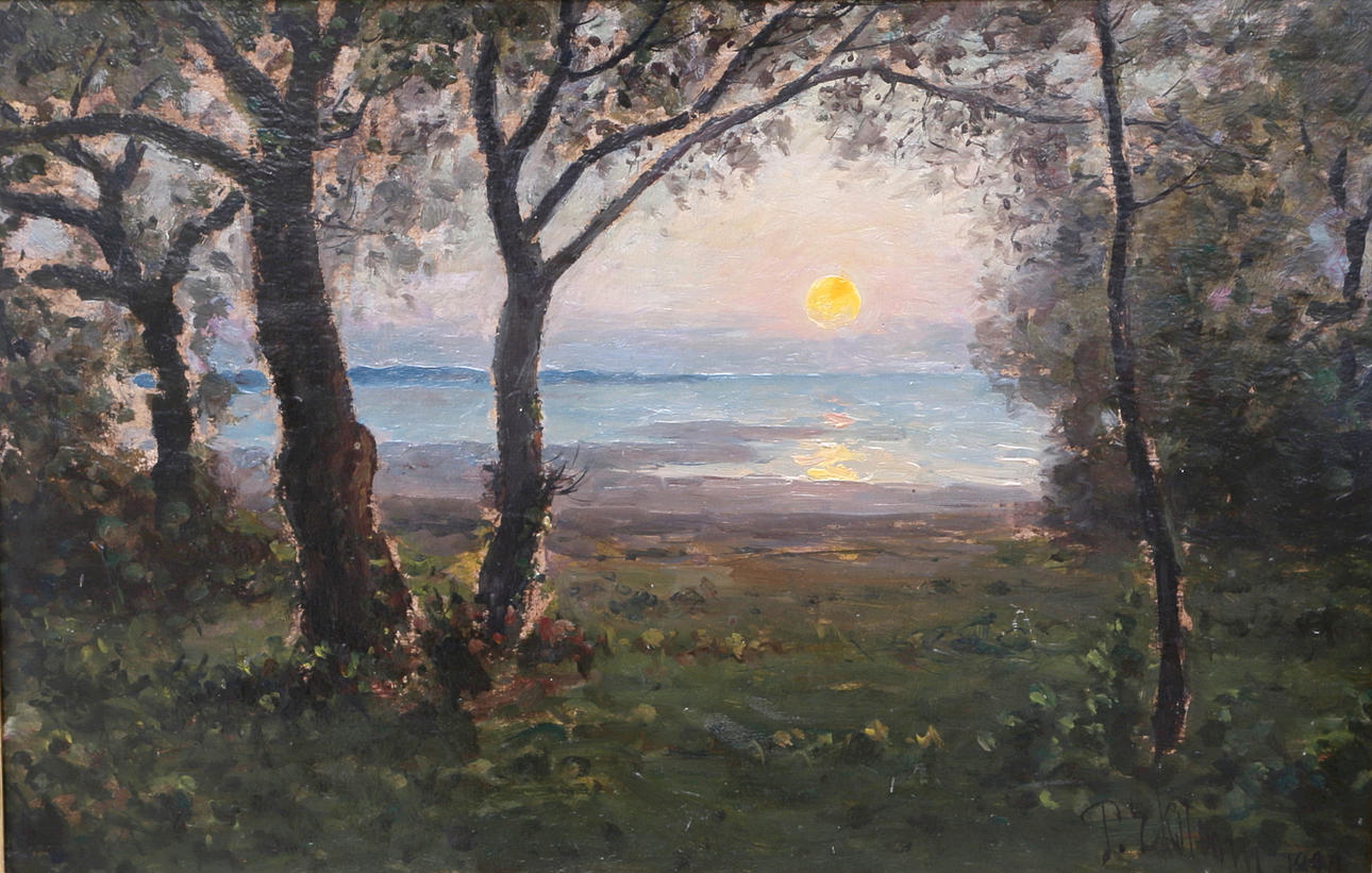 PER EKSTRÖM. Solnedgång, olja på pannå, signerad, daterad 1890.