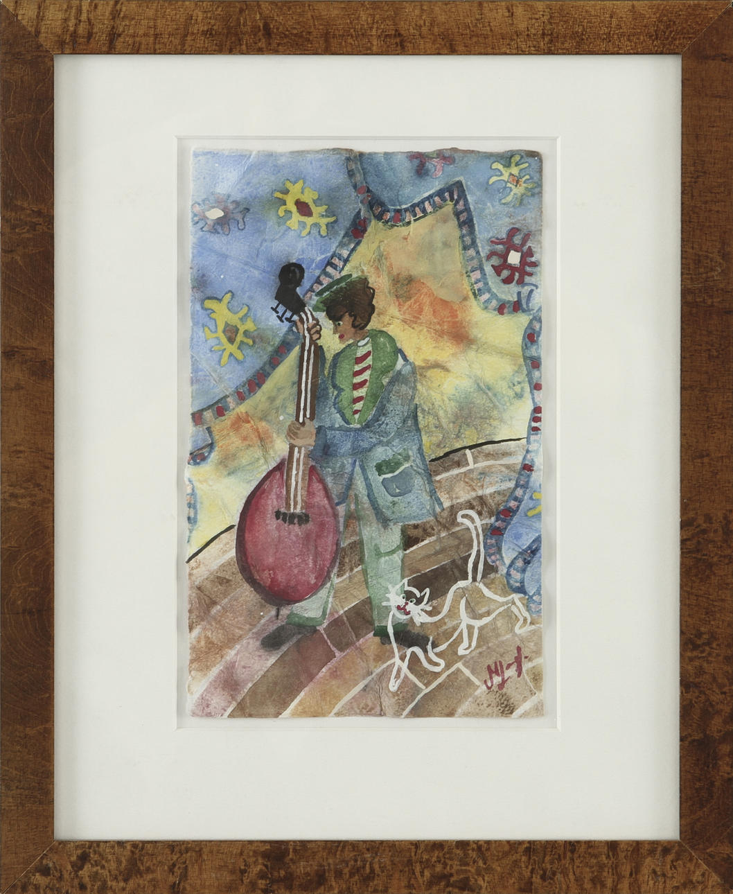 MARIKA, LANG. Figur med basfiol. Blandteknik på frotterat papper. signerad.