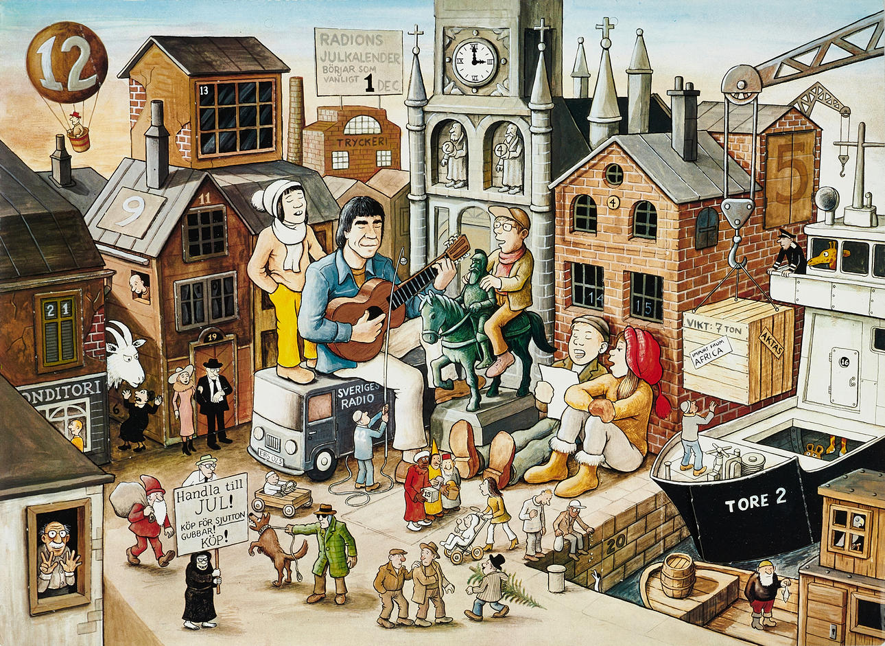 JAN LÖÖF, WEIHNACHTSKALENDER VON SVERIGES RADIOS & SVERIGES TELEVISION 1982, (2), „Ein Schiff kommt geladen“ illustriert von Jan Lööf und „Albert & Herbert“, illustriert von Hans Westman.