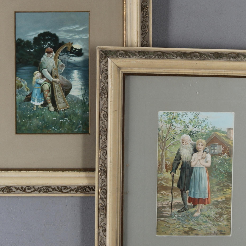 JENNY NYSTRÖM. 2 st, landskap med människor, oljetryck, 1900-tal.