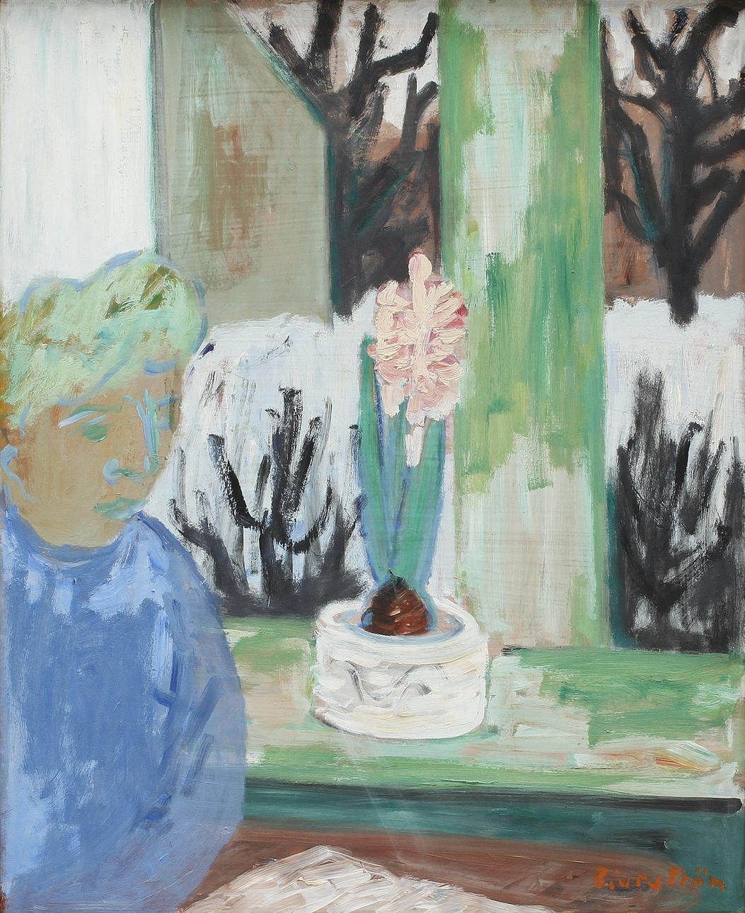 TOR BJURSTRÖM (1888-1966). Kvinna och hyacint vid fönster. Olja på pannå.