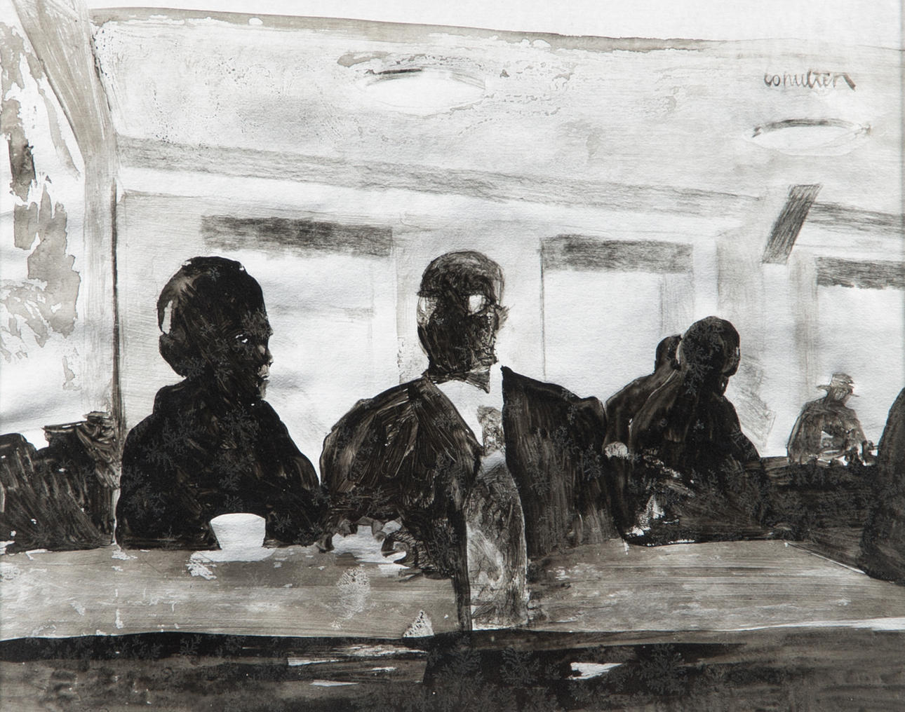 BO HULTÉN. Möte i baren, blandteknik, signerad.