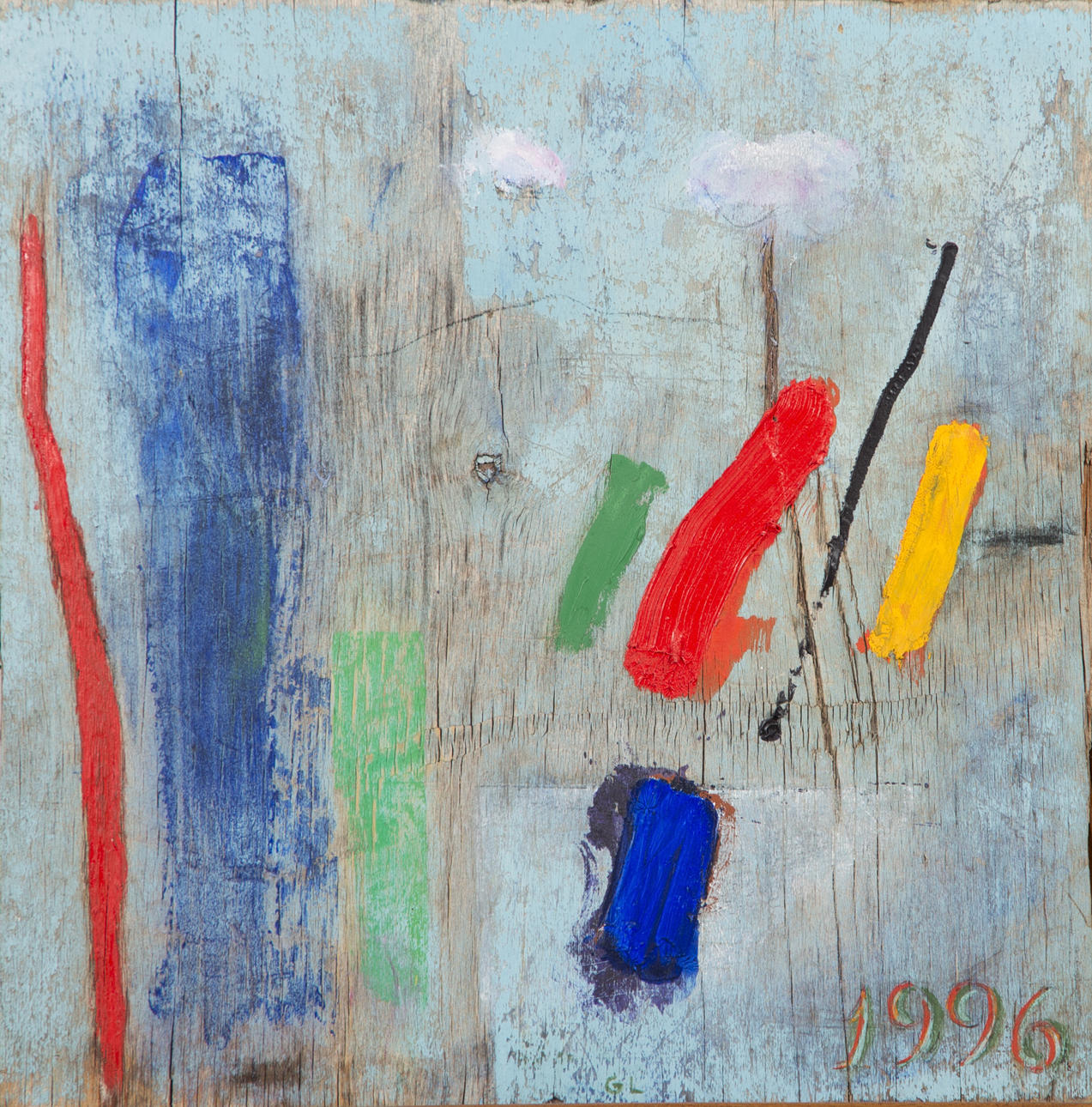 OIDENTIFIERAD KONSTNÄR. Komposition, oljemålning på trä, monogramsignerad GL, daterad 1996.