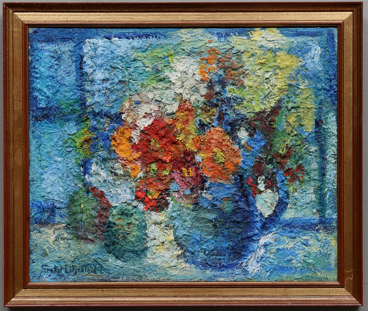 GRETA LILJEBLAD LYSÉN. "Blommkor, Blått Krus". Olja på duk. Signerad.