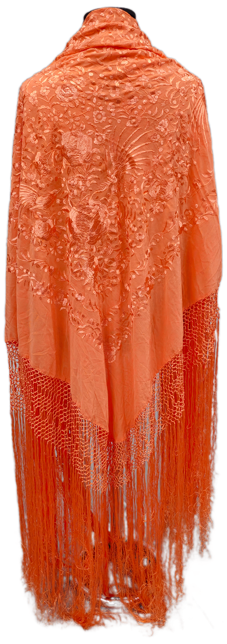 HAND-EMBROIDERED CORAL-COLORED SILK SHAWL.