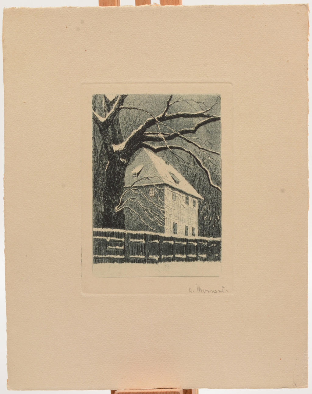OIDENTIFIERAD KONSTNÄR. House in winter. etching.