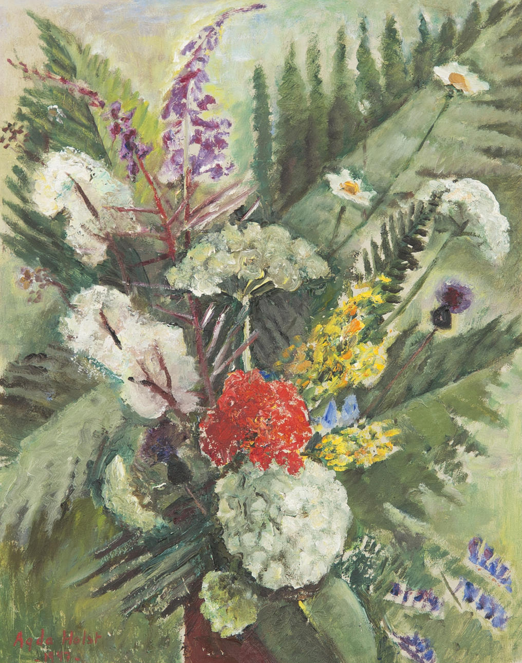 AGDA HOLST. Blomsterstilleben, olja på pannå, signerad 1947.
