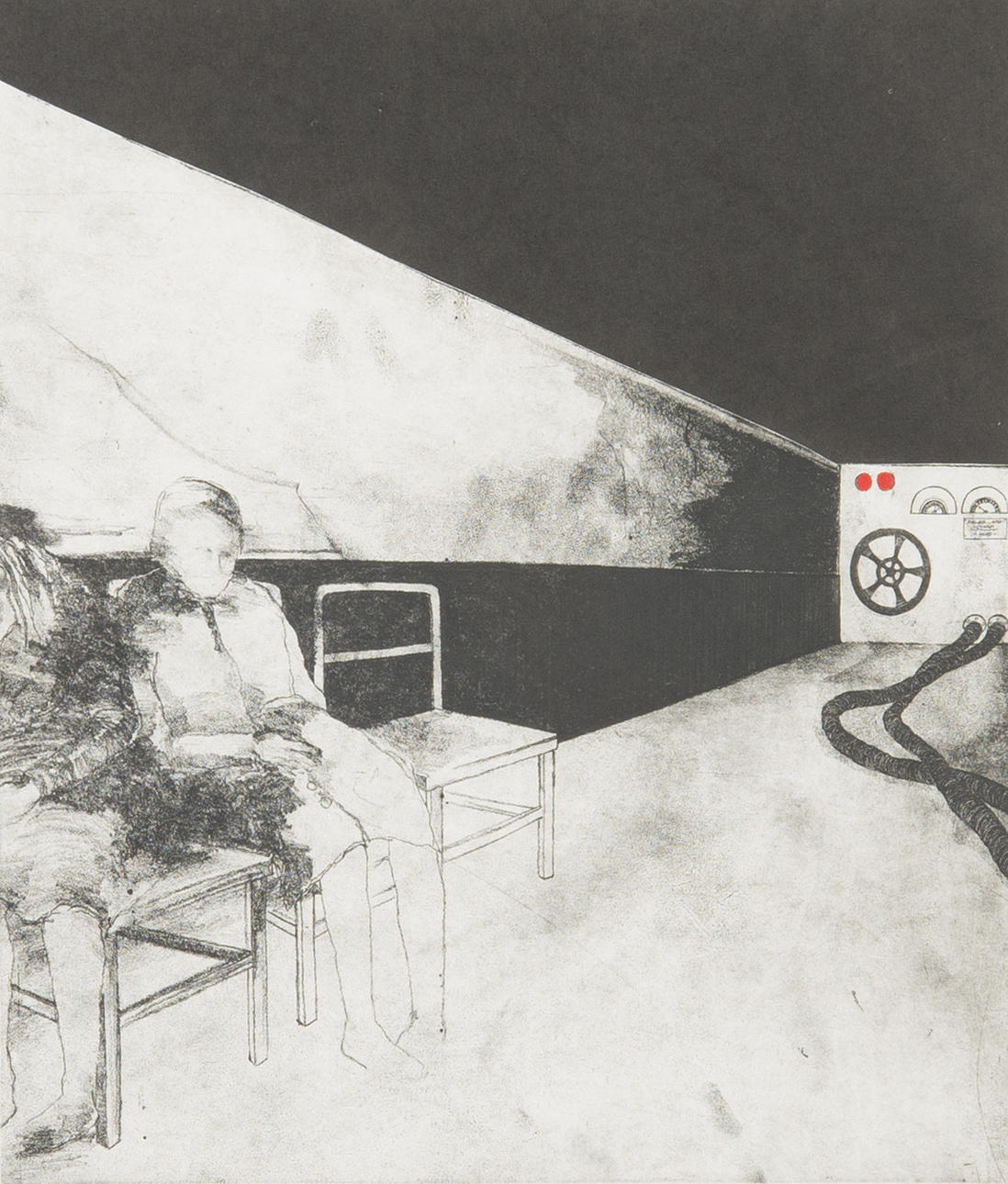 CHRISTINA CAMPBELL. Väntande i maskinrum, etsning, signerad -72.