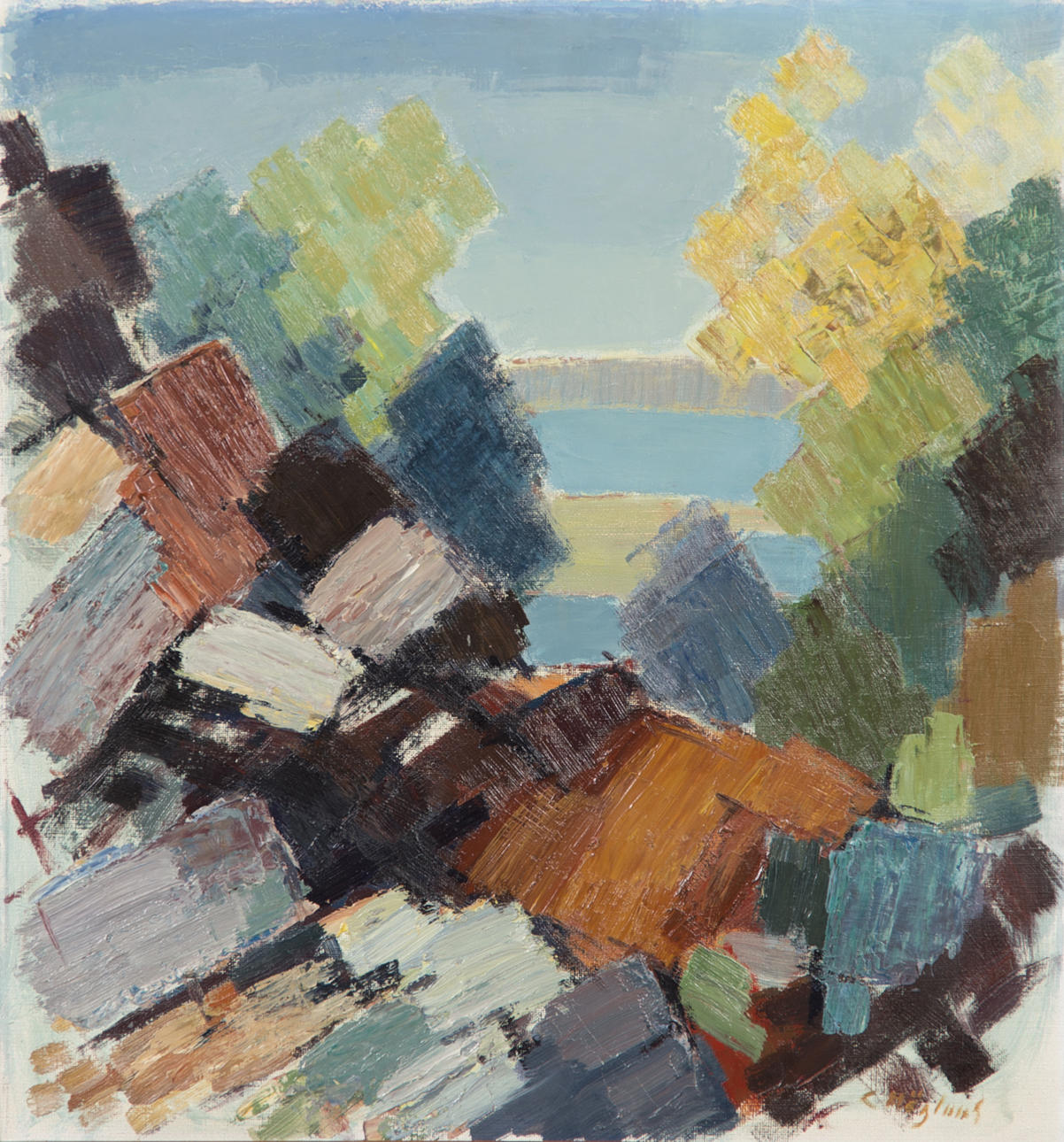 GUSTAF HÖGLUND. Kubistiskt landskap, olja på duk, signerad G Höglund.