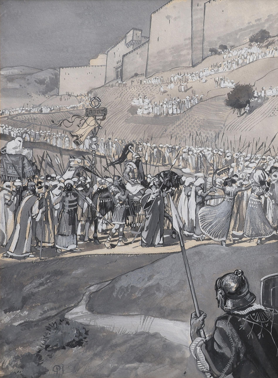OLLE HJORTZBERG. INK AND GOUACHE ON PAPER, THE ISRAELITES AT THE WALLS ...
