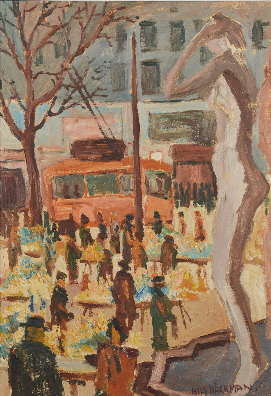 NILS BÄCKMAN. Cityscape, oil on panel, signed.