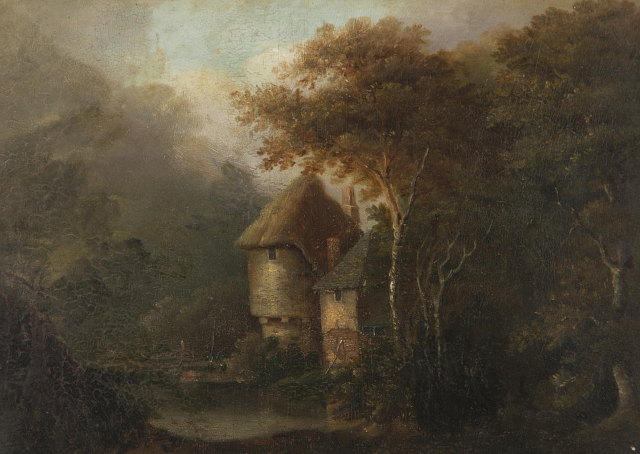 OIDENTIFIERAD KONSTNÄR. Skogslandskap med hus, olja på pannå, osignerad.