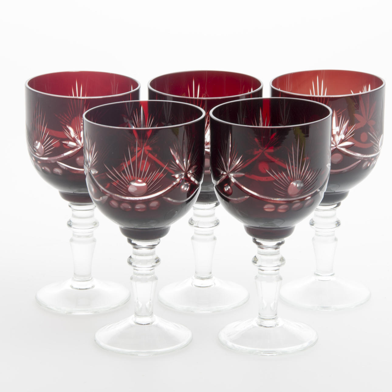 VITVINSGLAS, 5 stycken, kristall med röd kupa.