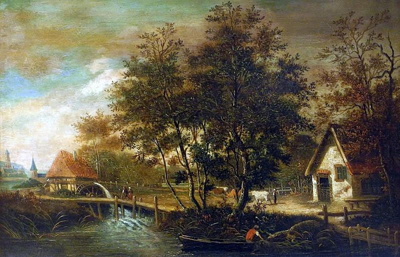 GOJEN. GAMLA MÄSTARE MÅLNING, FISKARE FRAMFÖR GÅRDEN.