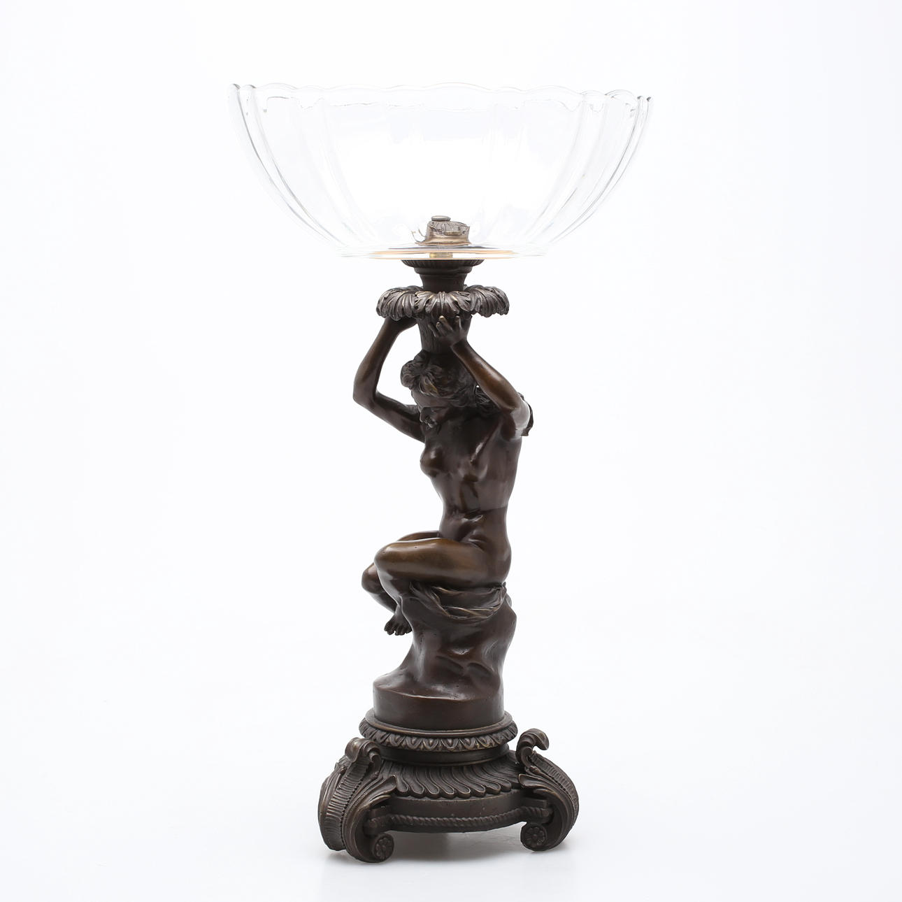 BORDSUPPSATS, patinerad brons och glas, 1900-tal.