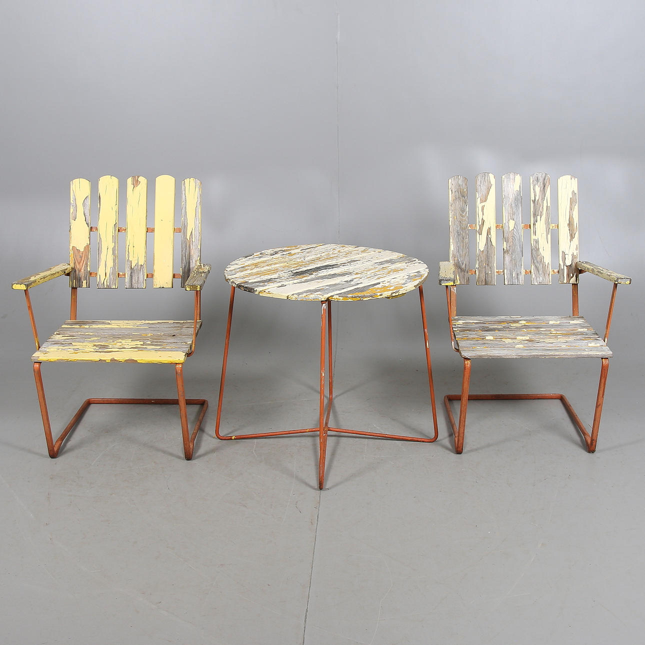 TRÄDGÅRDSGRUPP, 3 delar, metall/trä, Grythyttan, 1900-talets andra hälft.