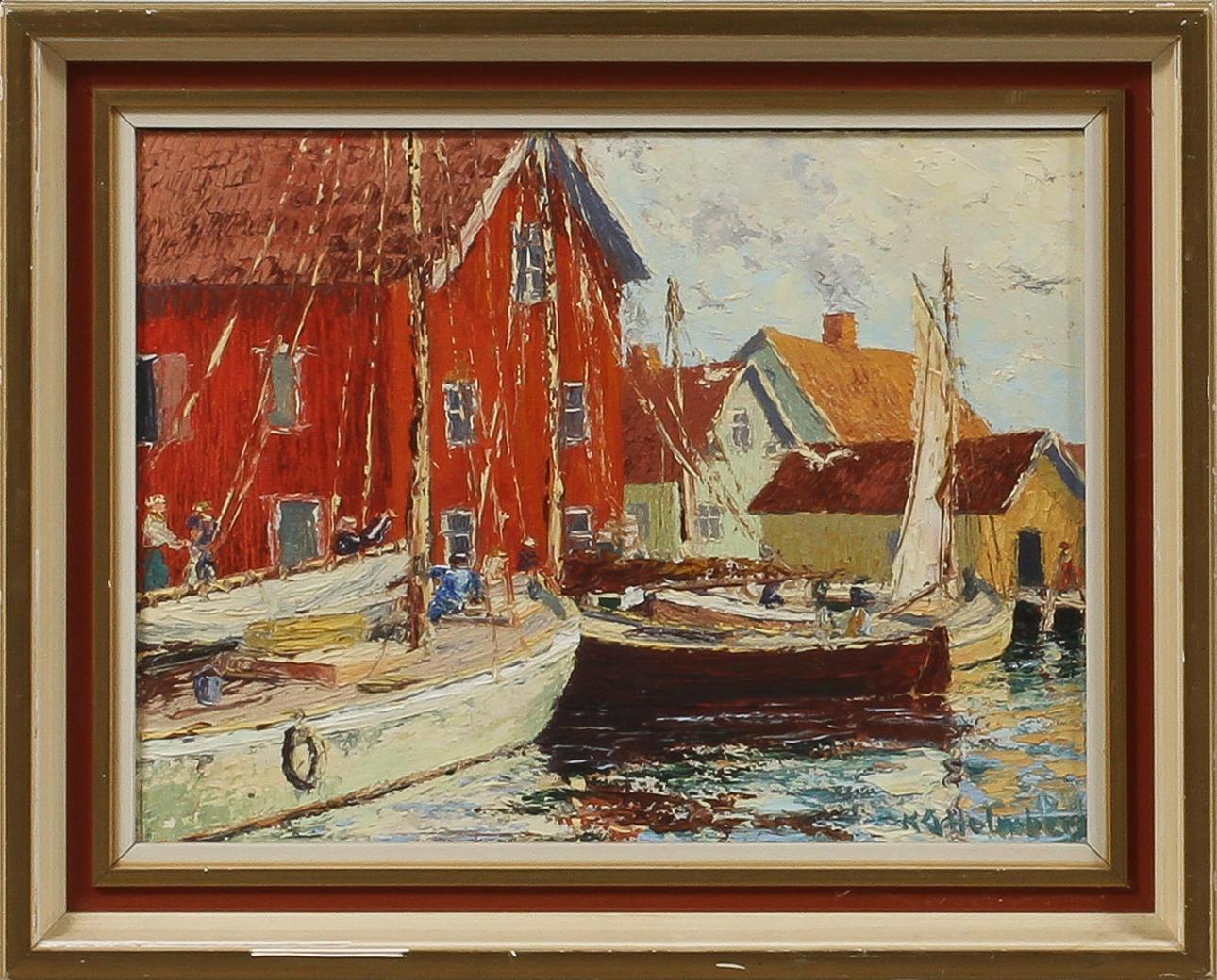 KARL GUSTAV HOLMBERG. "Båtar i hamn Fjällbacka", olja på pannå, signerad och daterad 1941.