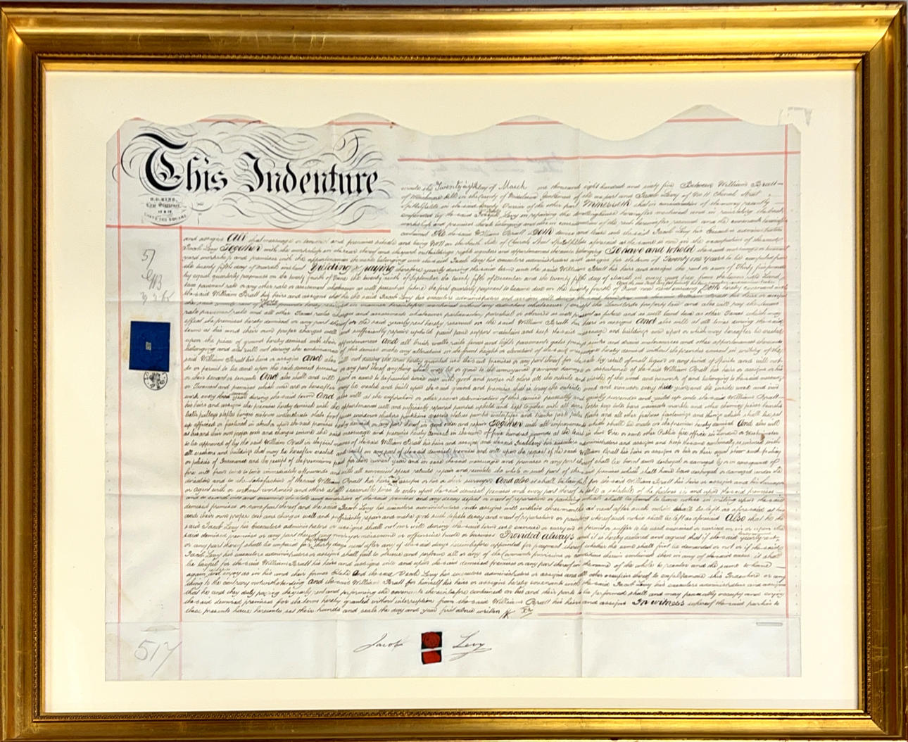 LARGE FRAMED HAND WRITTEN VELLUM INDENTURE.