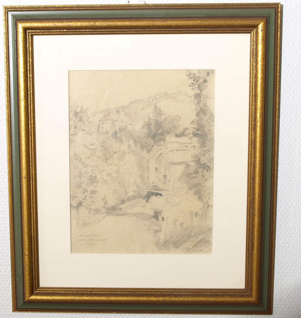 OIDENTIFIERAD KONSTNÄR. Teckning, blyerts, Chateldoh, France, signerad Oscar Keen, daterad 1927.