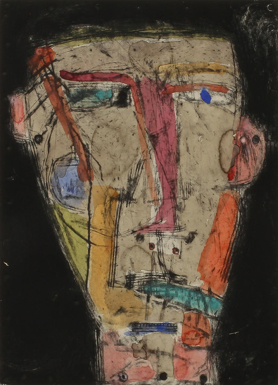 JAMES BROWN. Komposition med ansikte, etsning, handkolorerad, signerad och numrerad 11/15.