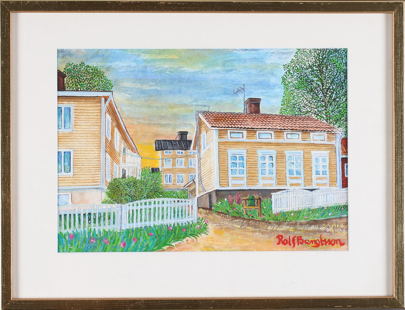 ROLF BENGTSSON. Gula trähus, akvarell.