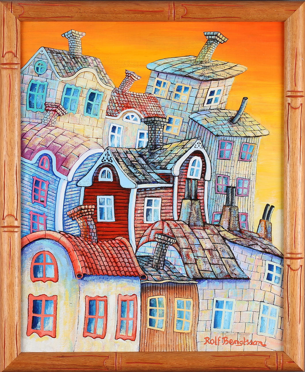 ROLF BENGTSSON. Böjda hus, olja på duk, signerad.