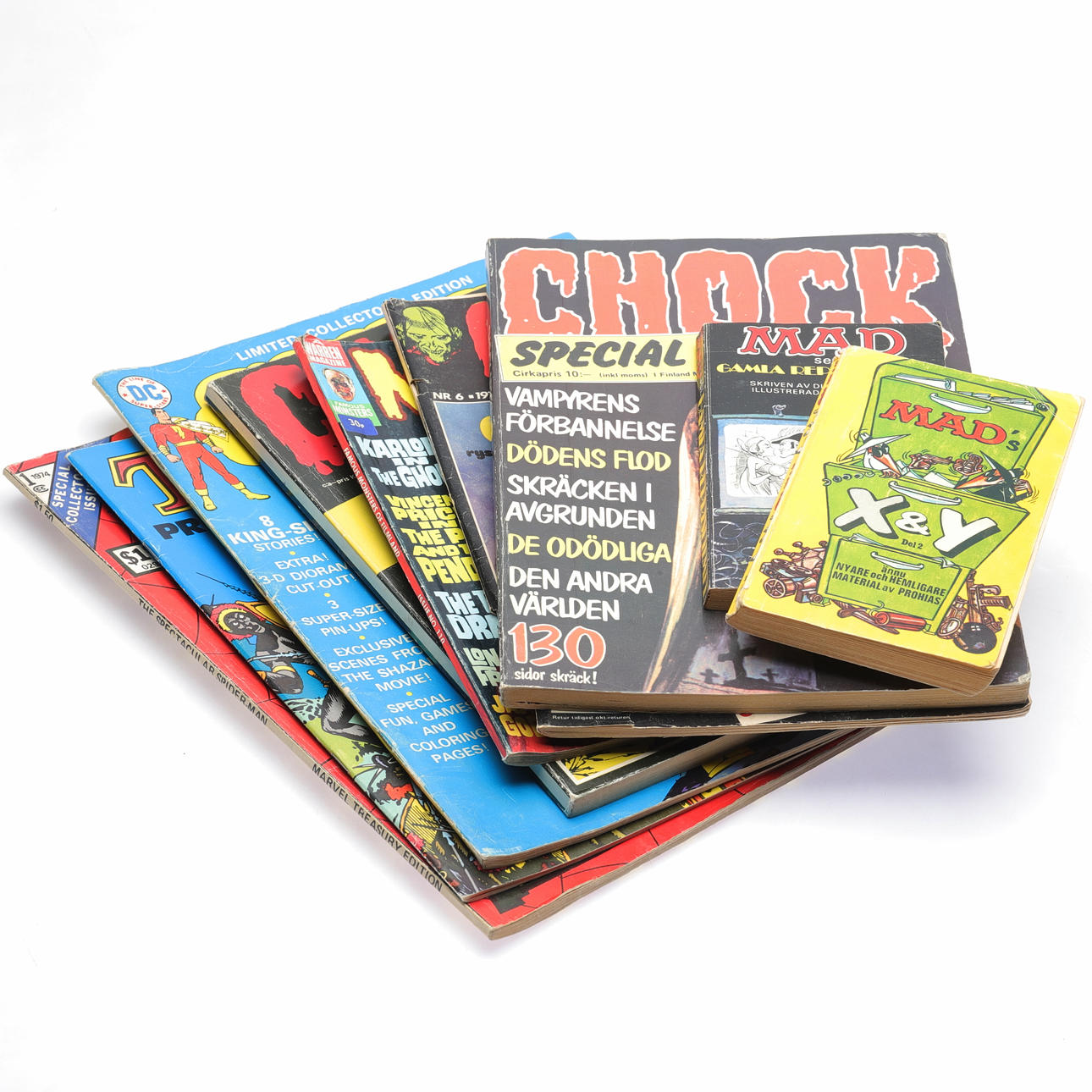 DIVERSE TIDNINGAR. 9 st, bla Marvel, chock, Mad böcker.