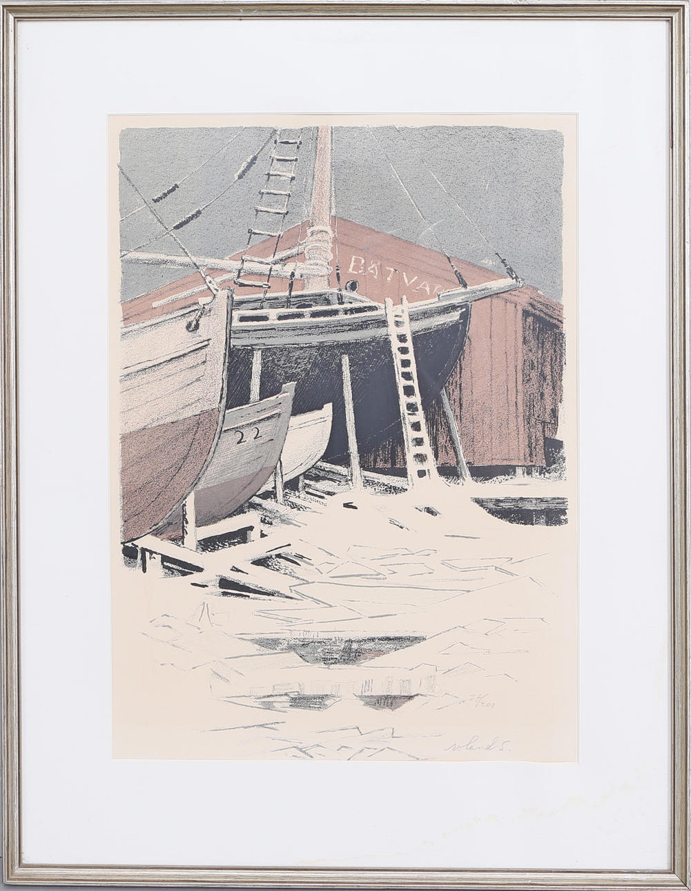 ROLAND SANDBERG. Hamnmotiv, färglitografi, numrerad 27/100, signerad.