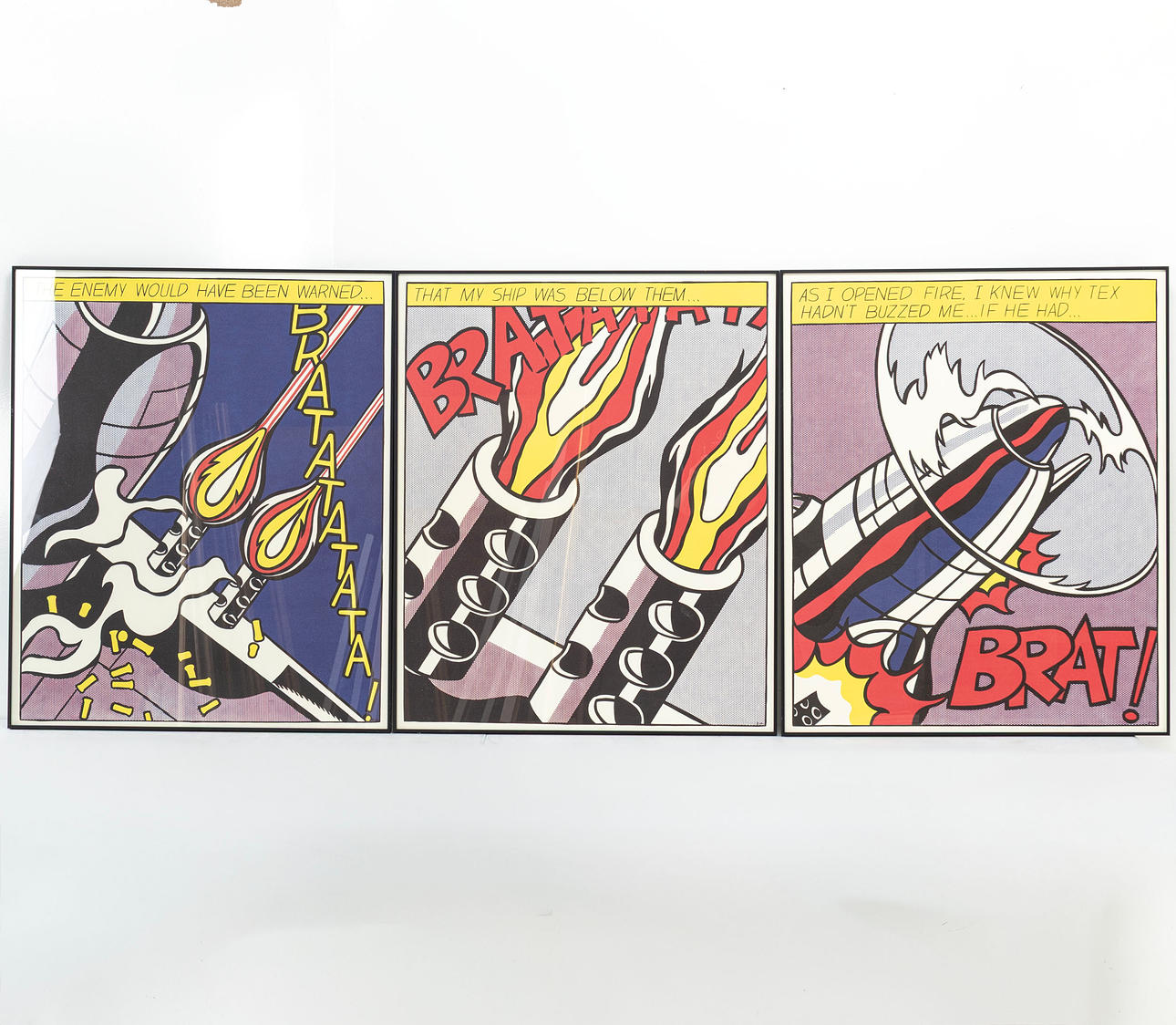 ROY LICHTENSTEIN. Tryptisk, offsetlitografi, 3 dele, „Da jeg åbnede ild“, Stedelijk Museum, Amsterdam.