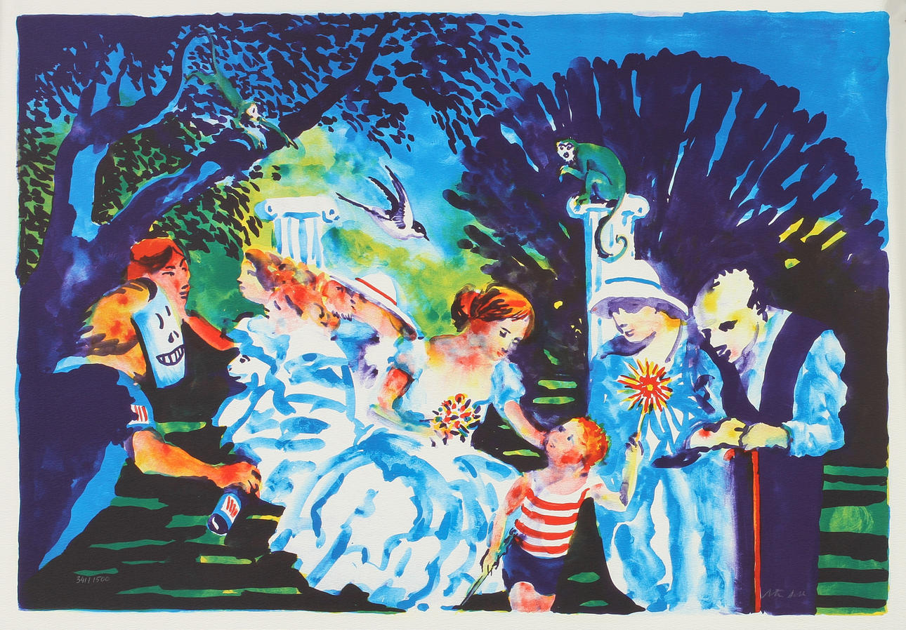 PETER DAHL. "Afton i parken", färglitografi, signerad och numrerad 341/1500.