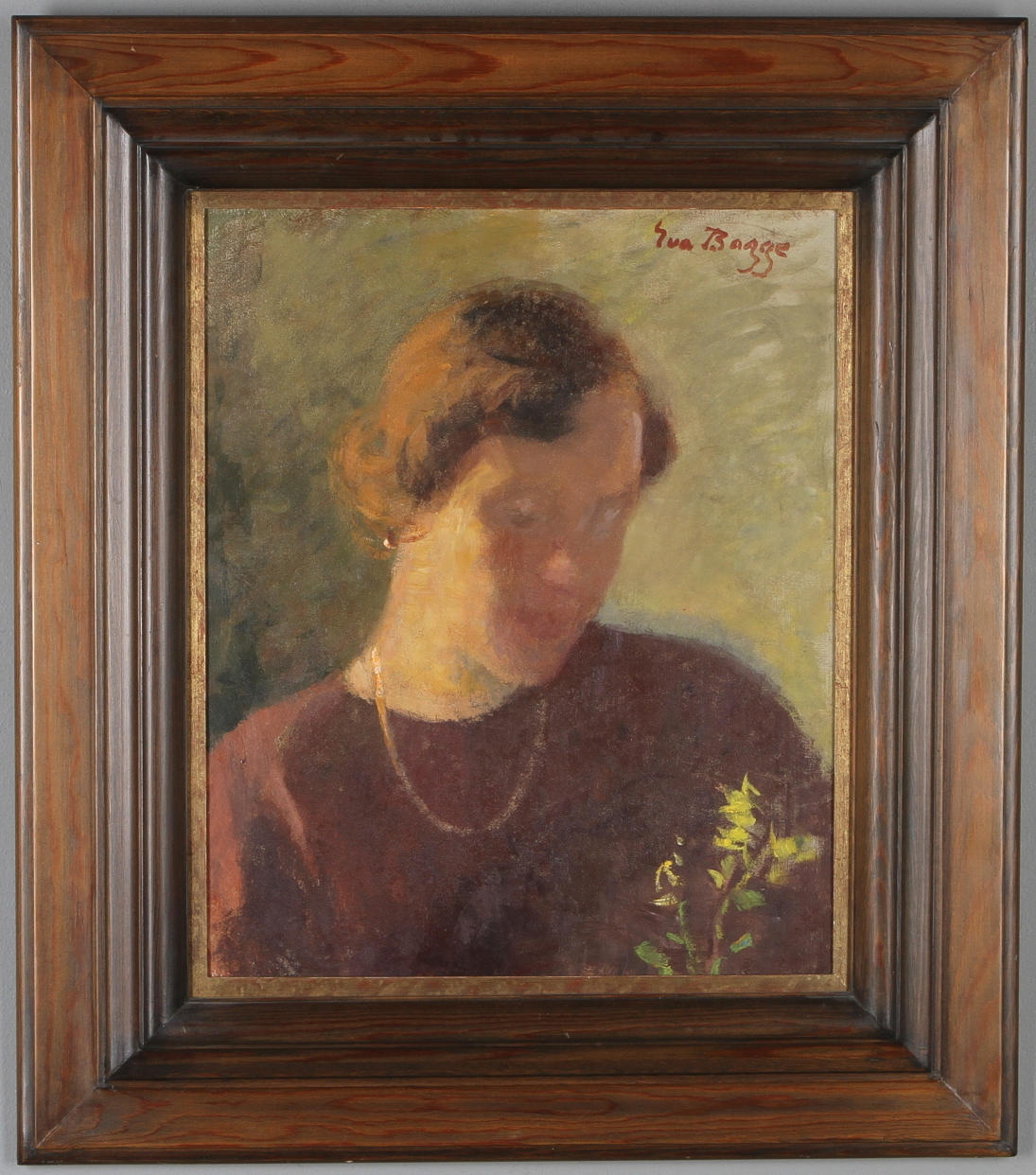 EVA BAGGE. Kvinnoporträtt, olja på pannå, signerad.