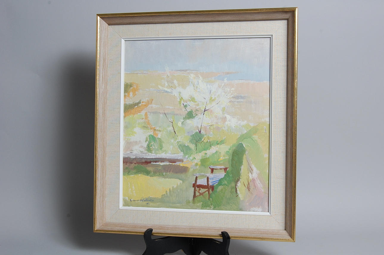 GUNNAR WALLENTIN. Olja på pannå, " vårmotiv " signerad, daterad, -56.