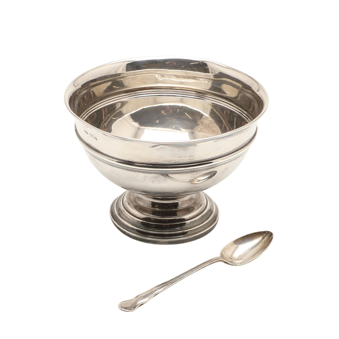 AN EDWARDIAN SILVER PEDESTAL SUGAR BOWL AND LATER SPOON. Silver ...