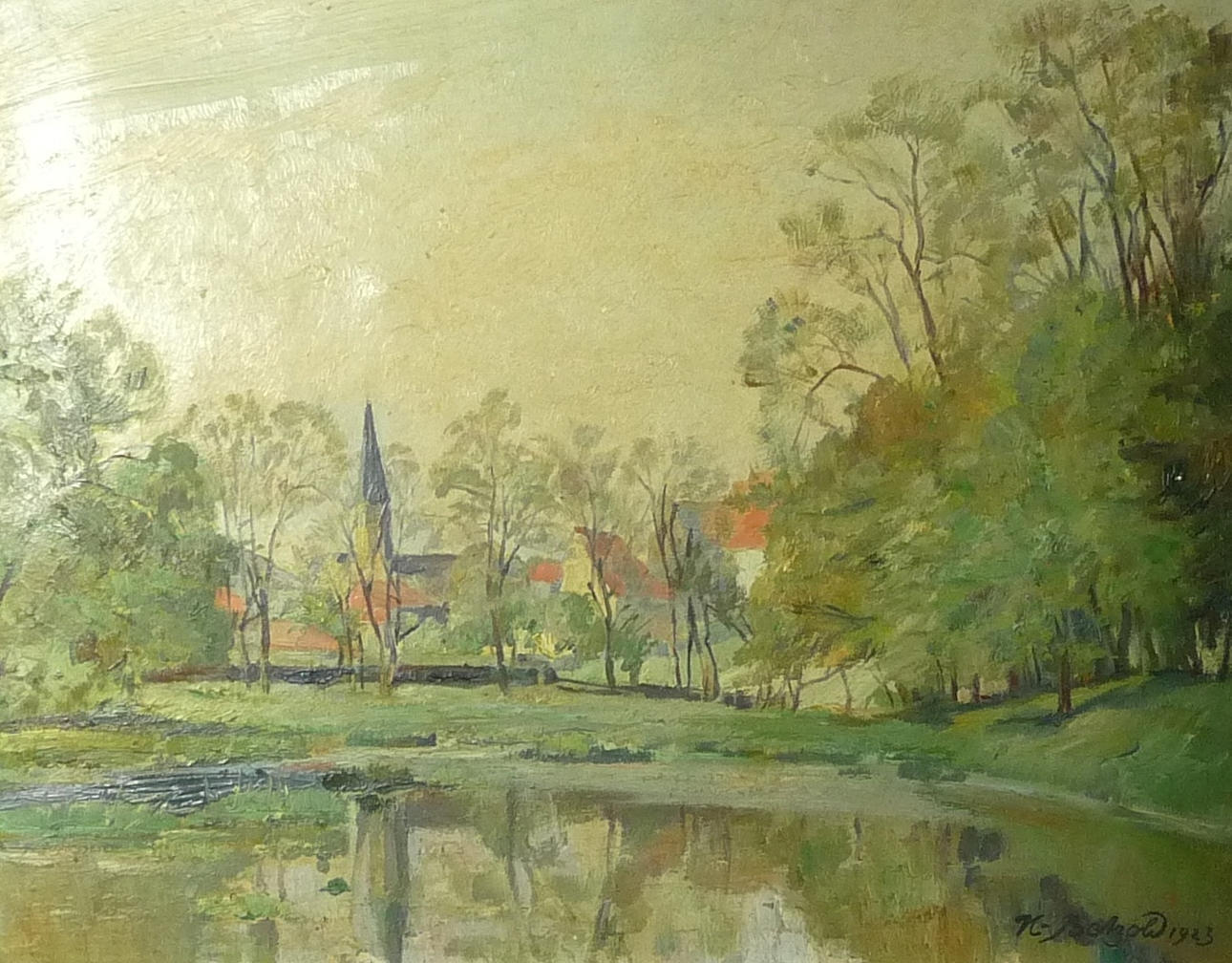 HEINRICH BETZOLD, Sommarlandskap med körsbärsby vid en damm.