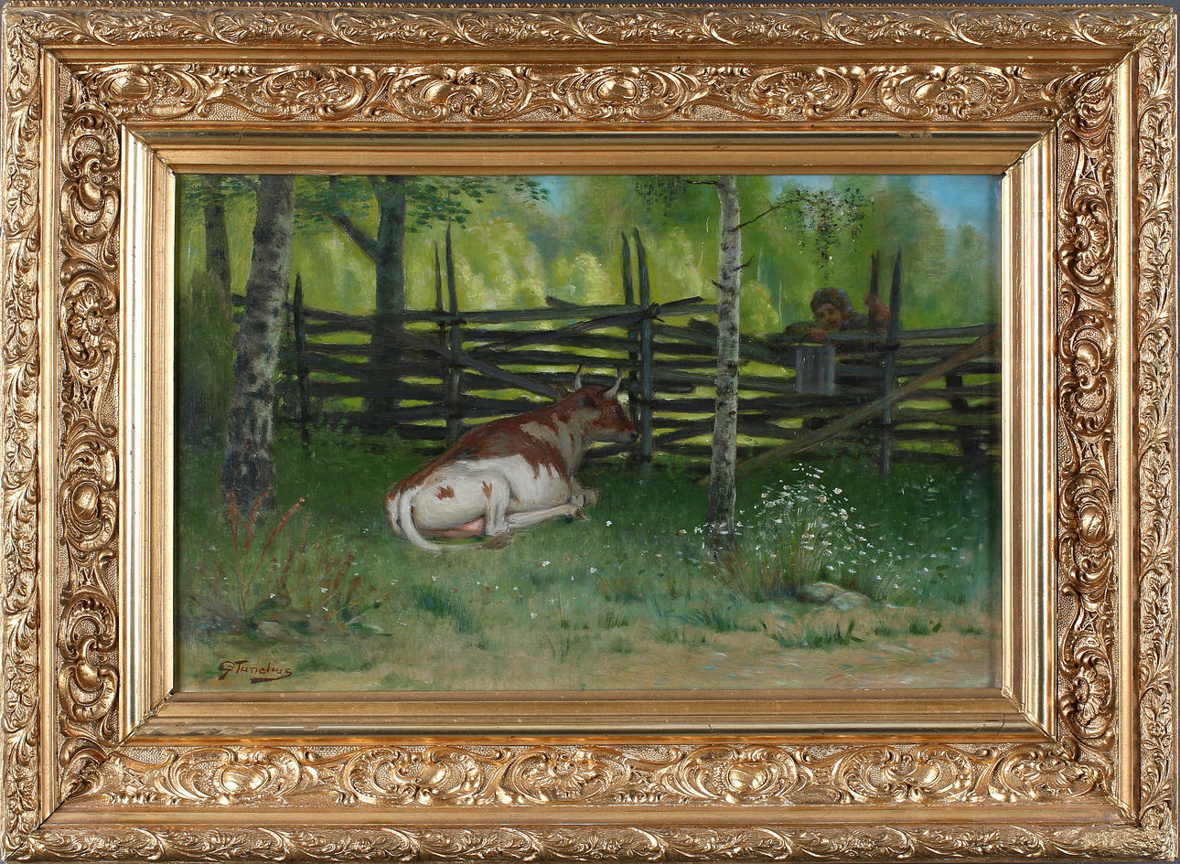 OIDENTIFIERAD KONSTNÄR. Bakom gärdsgården, olja på duk, signerad "G. Tunelius", 1900-första del.