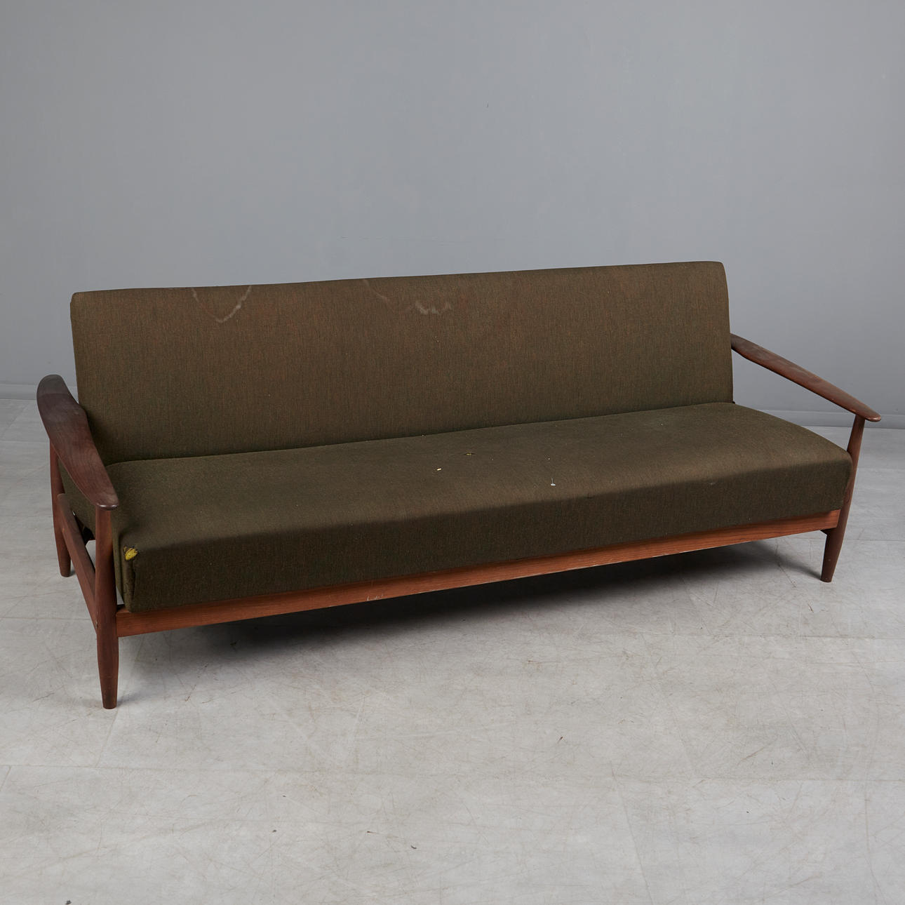 sofa bed/couch, Scandinavian design, teak, fabric.