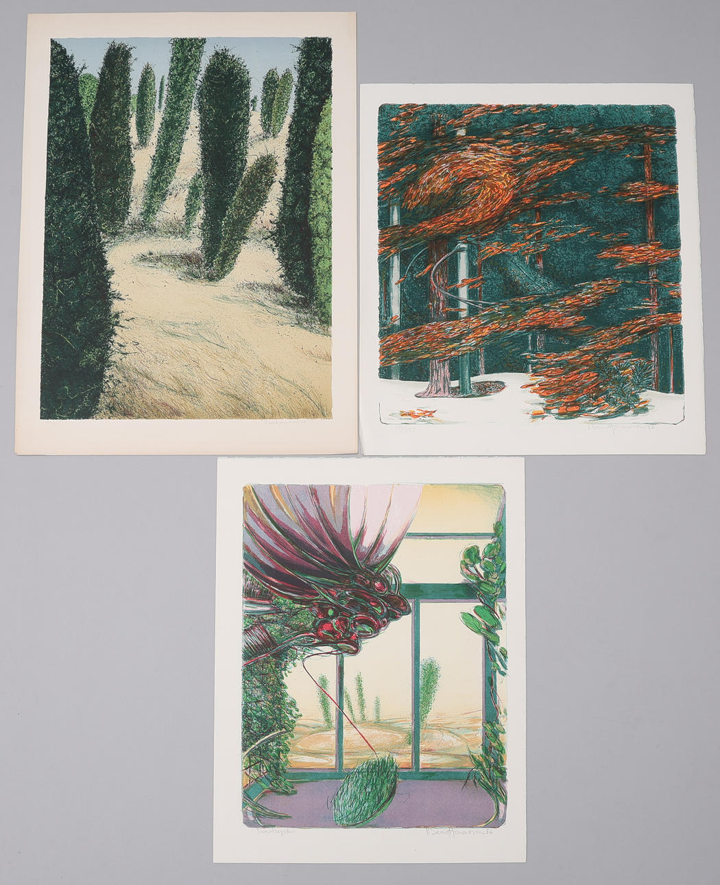 BERNT JONASSON 1936-2014. THREE LITHOGRAPHS, SIGNED, NUMBERED IX/X, SAMPLE PRINTED 117/25 RESPECTIVELY AND DATED 1976 AND 1986.