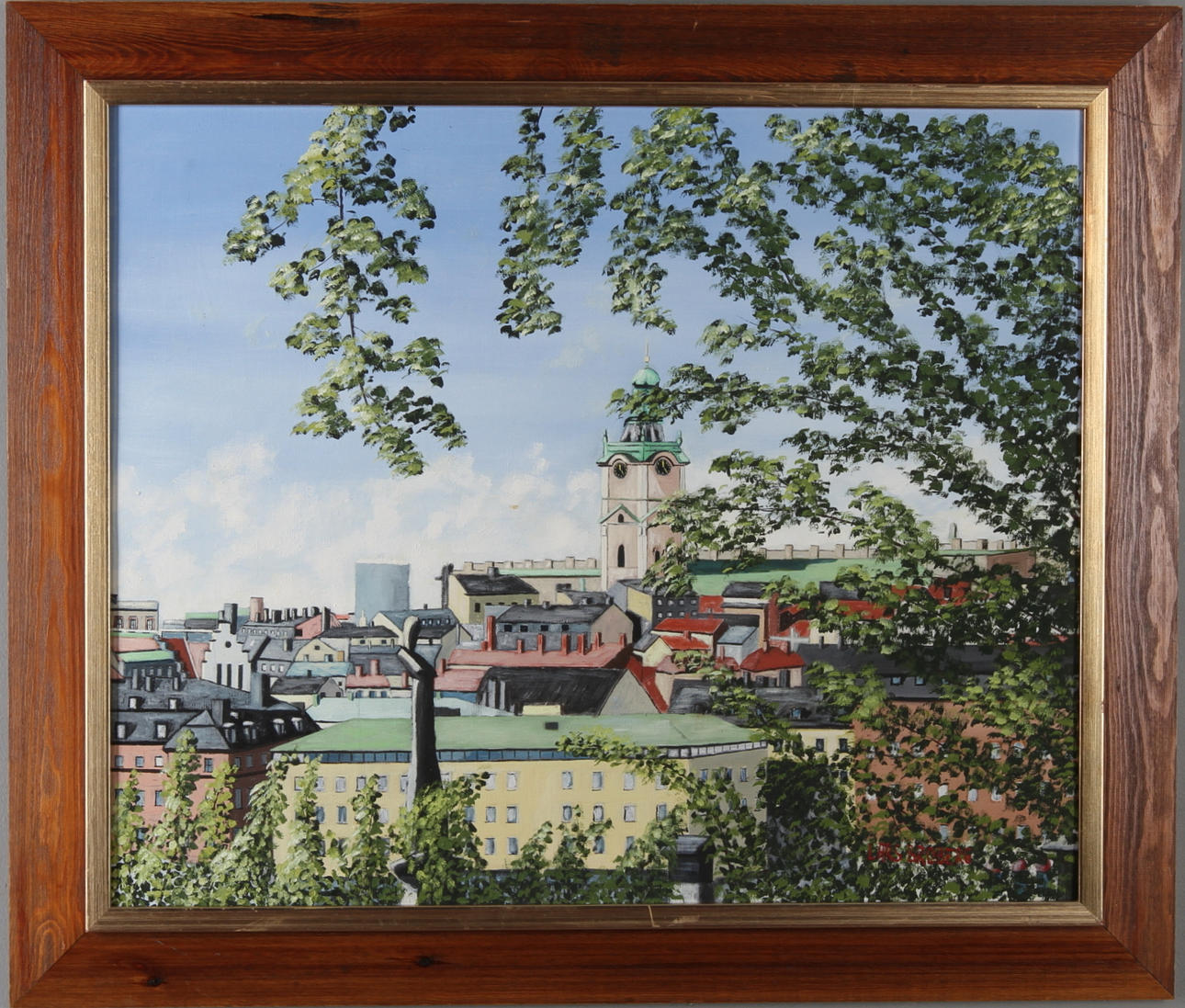LARS BROBERG. Vi från gamla stan med Storkyrkan, olja på duk, signerad.