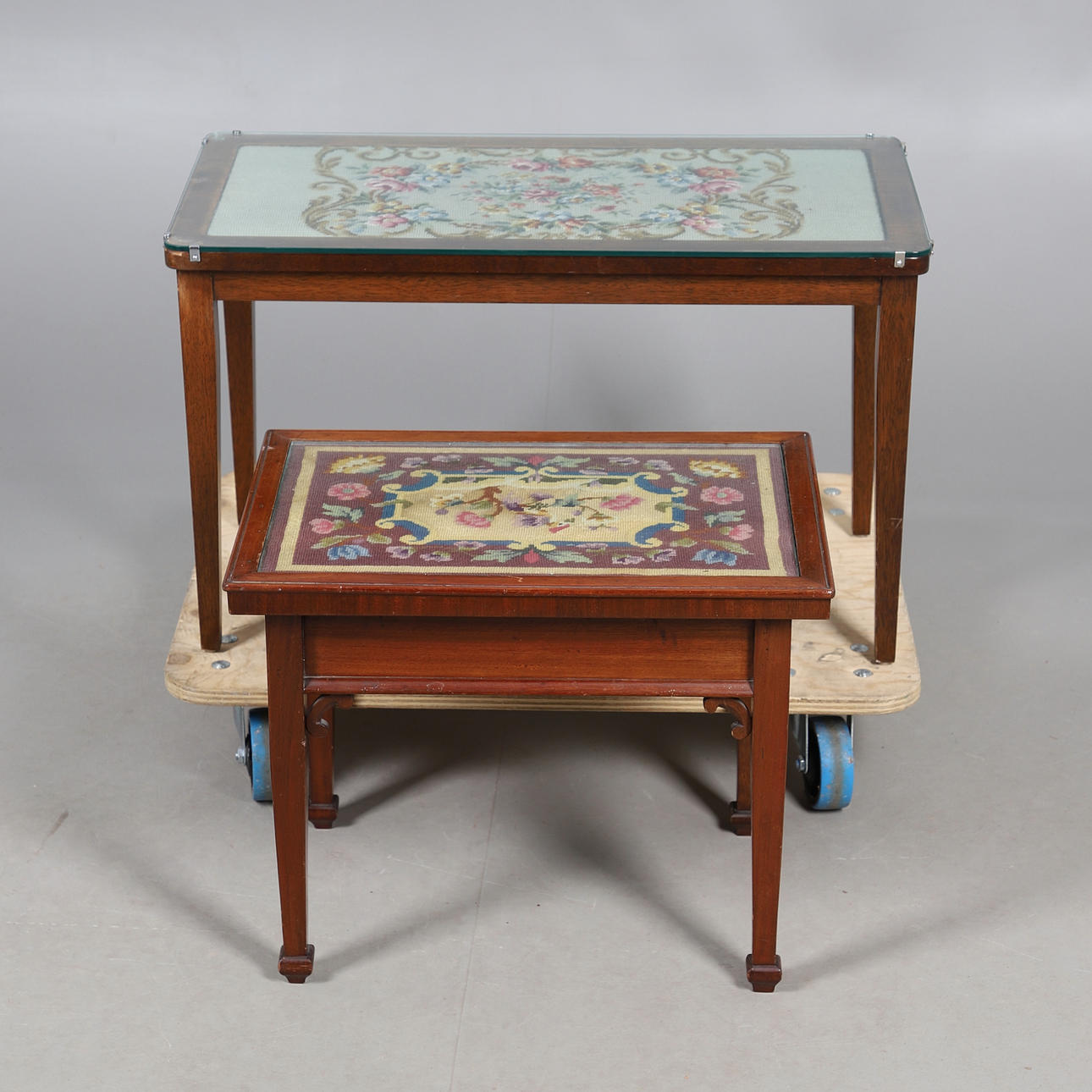 TWO TAPESTRY TOPPED COFFEE TABLES. Furniture - Coffee Tables - Auctionet