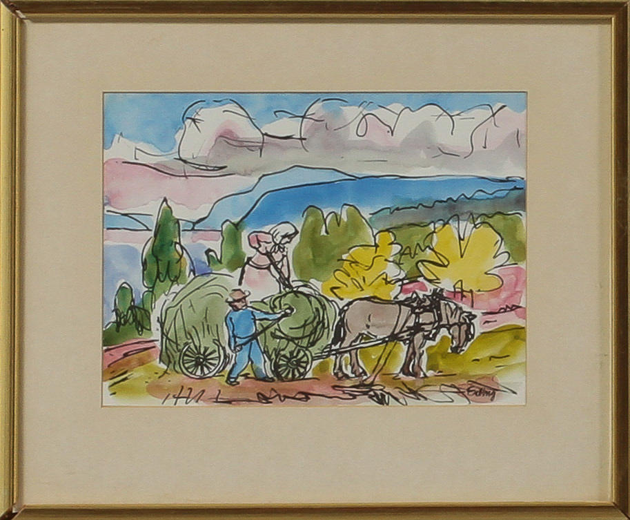 ERLING ÄRLINGSSON. Höskörd. Akvarell på papper, signerad.