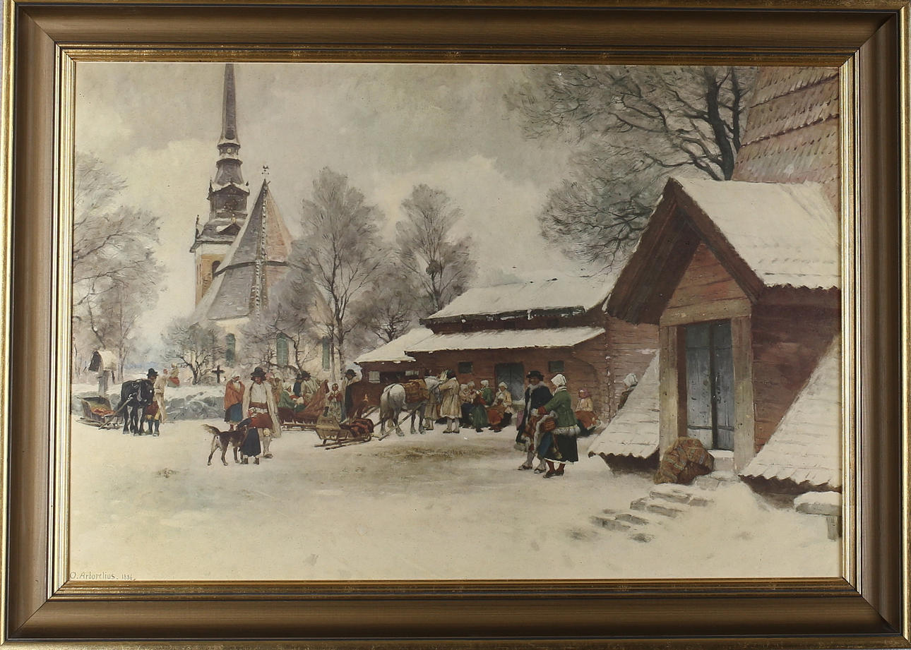 OLOF ARBORELIUS. vinterlandskap med kyrka och människor, plansch/tryck.