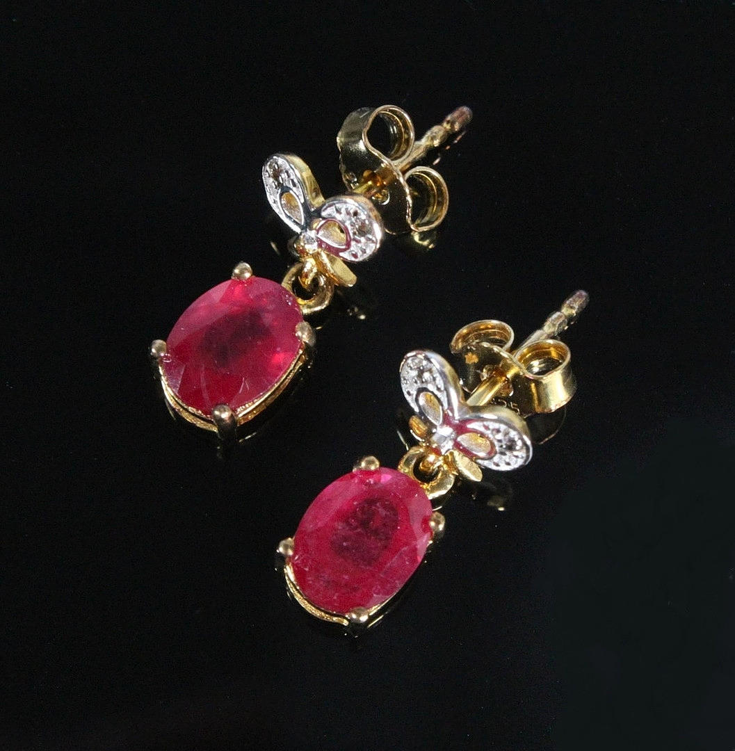 Ruby and white topaz earrings, 925 silver, gold-plated.