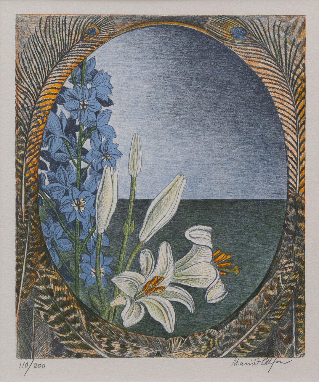 MARIA HILLFON. Composition with flowers, lithograph no. 110/200, signed.