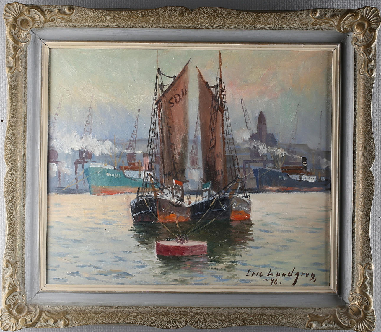ERIC LUNDGREN. Segelfartyg med hamnmotiv i bakgrunden, olja på duk, signerad samt daterad -46.