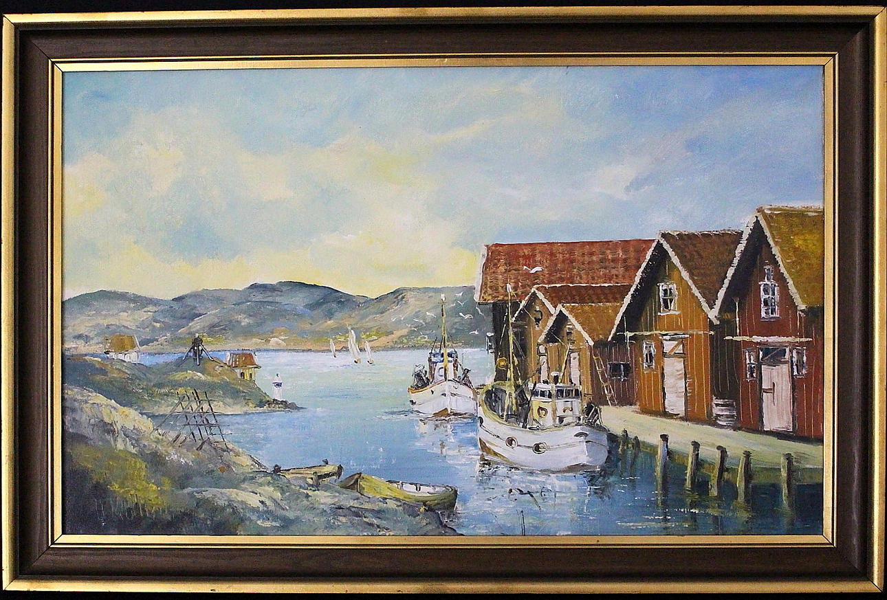 H KÖLLISCH. olja på duk, småbåtshamn, signerad.