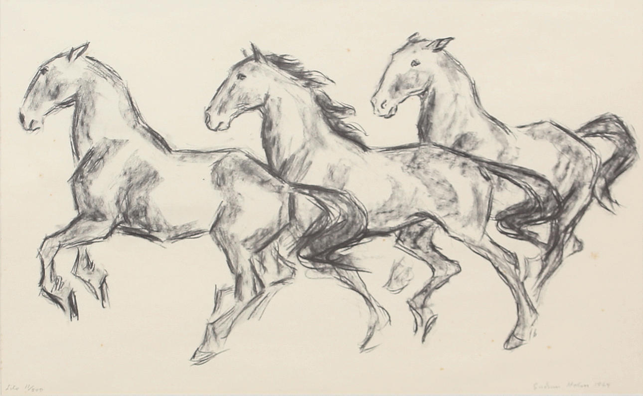 GUDRUN HOLM. Horses. Lithograph, signed and numbered 11/500, dated 1964.