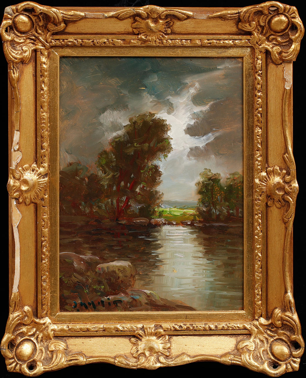OIDENTIFIERAD KONSTNÄR. Landscape with water features, oil on panel, signed.