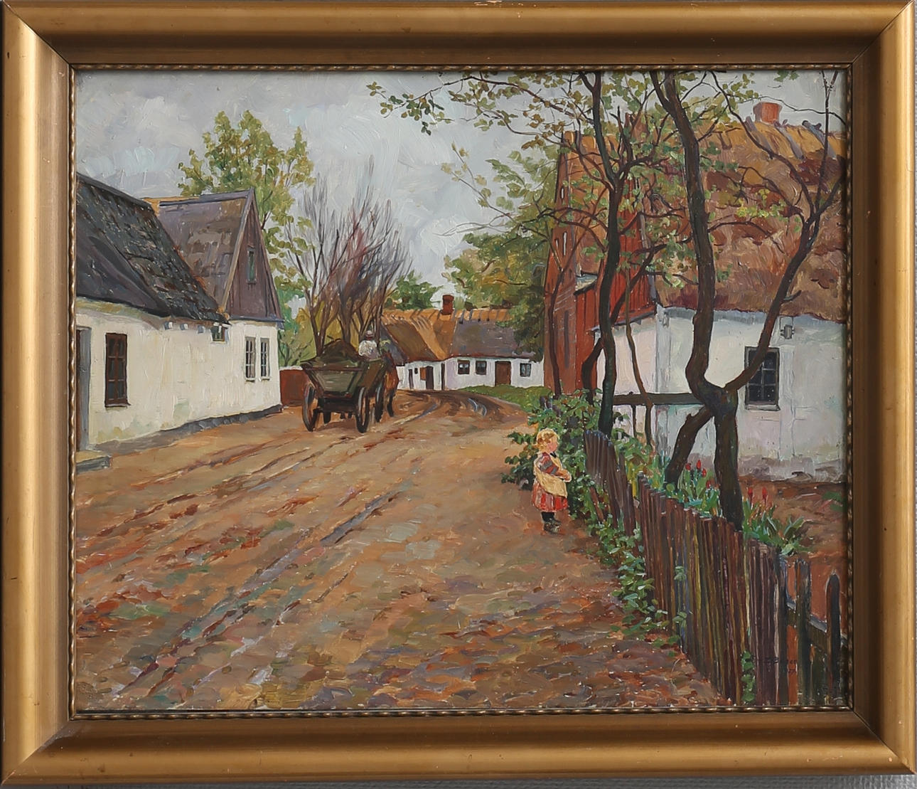 EINAR BAGER. "Bygata i Arrie". Olja på pannå, signerad och daterad 1927.