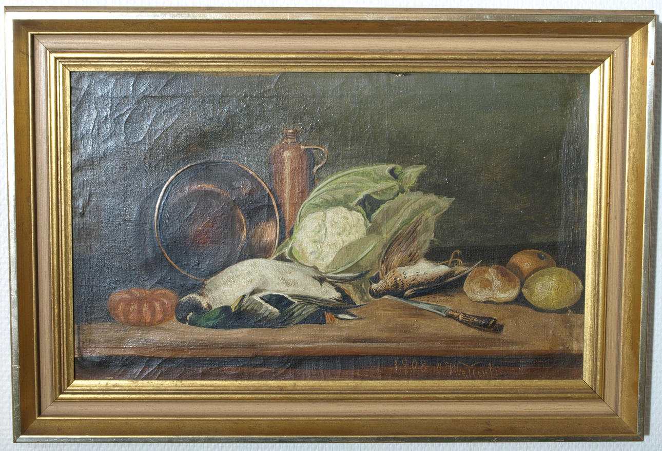 OIDENTIFIERAD KONSTNÄR. Olja på duk, Stilleben med jaktbyte, signerad J Wallentin, daterad 1908.